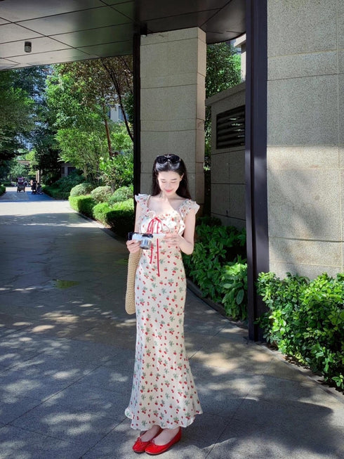 Printed Sleeveless Frills Straps Long Dresses